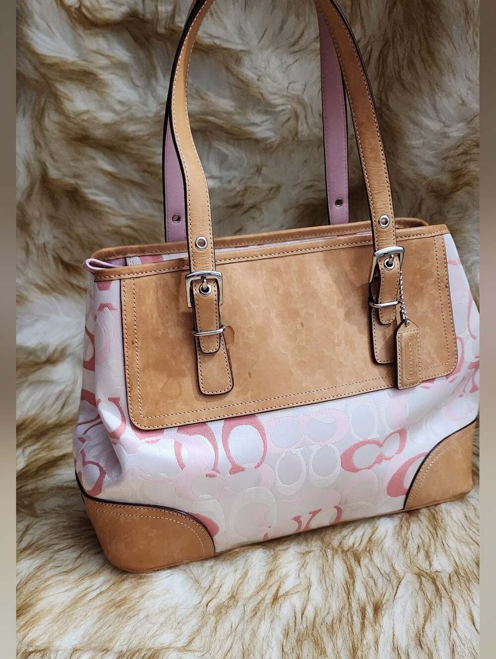 Coach Pink and Tan Signature Tote Shoulder Bag